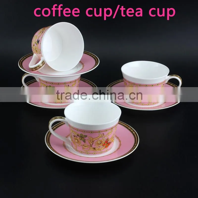 With Red Color Butterfly Decal 250ml Ceramic Coffee Cup Round Shape Bone China Cup with Saucer