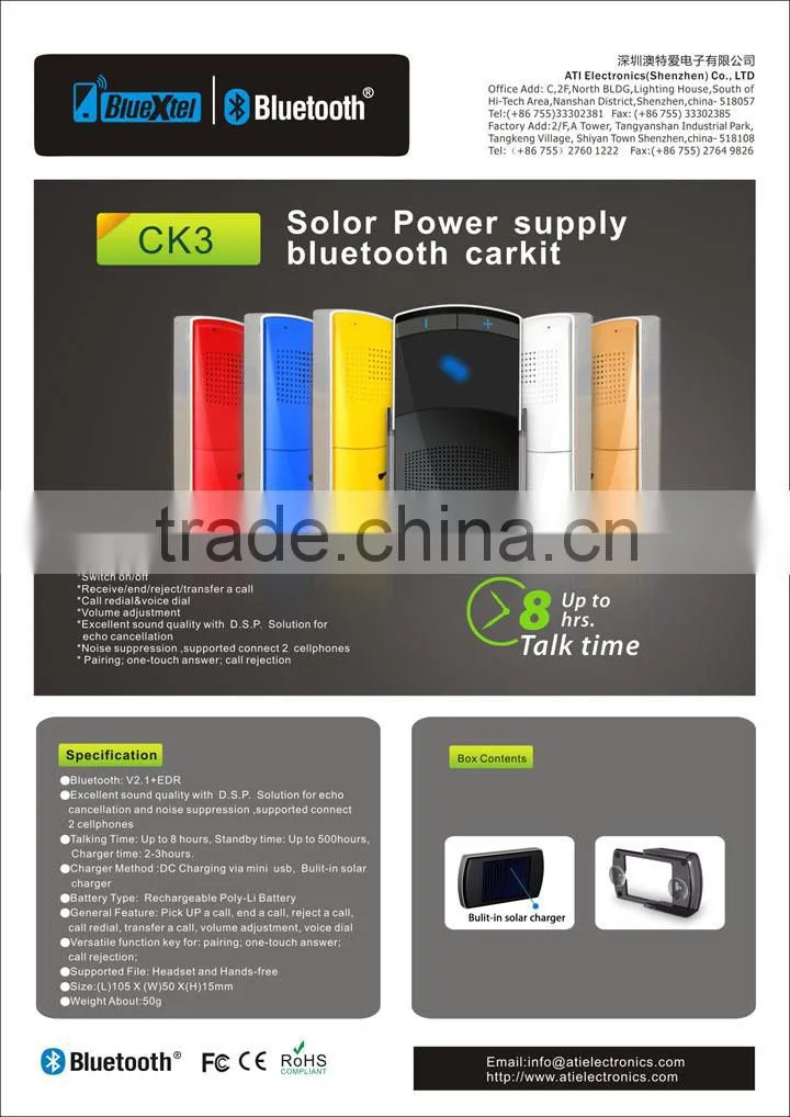 bluetooth car kit with solar, speakerphone, Multi Language, Call Display, Voice Dialing CK3