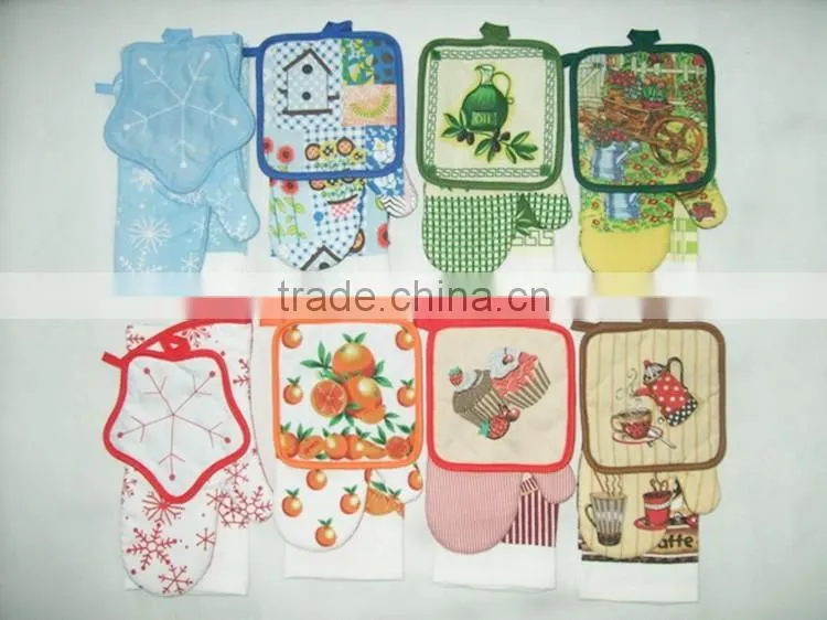 silk screen pigment printing 3 pcs cotton kitchen set kitchen textile wholesale oven mitten & pot holder