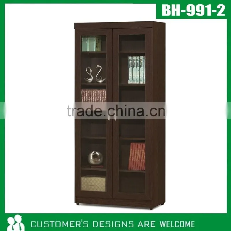 Walnut Finished Wood Book Shelf With Glass Door, Modern Book Cabinet