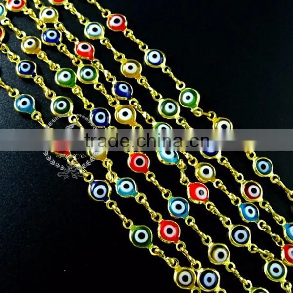 6mm red,yellow,blue,green flat glass Turkish evil eye beads links gold plated brass necklace chain DIY supplies 1315013