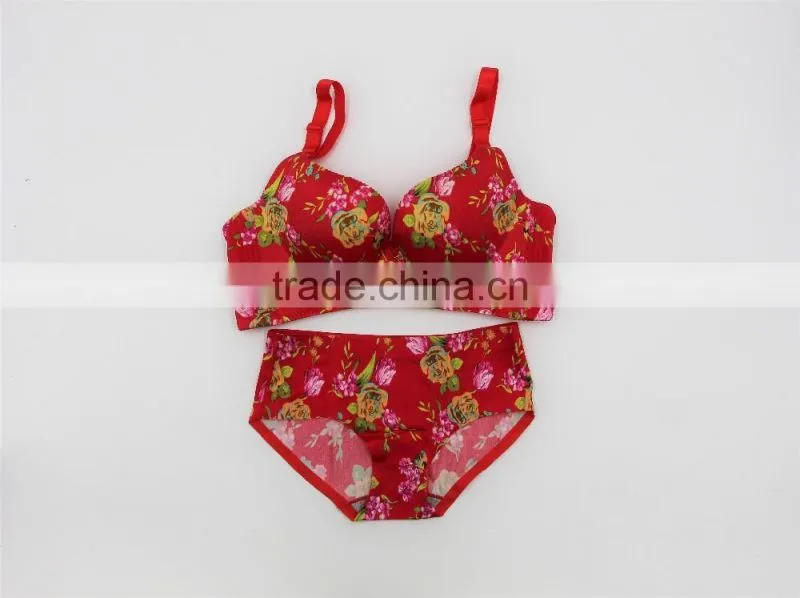 Printed roses brushed one peice seamless underwear gather comfortable adjustable bra set