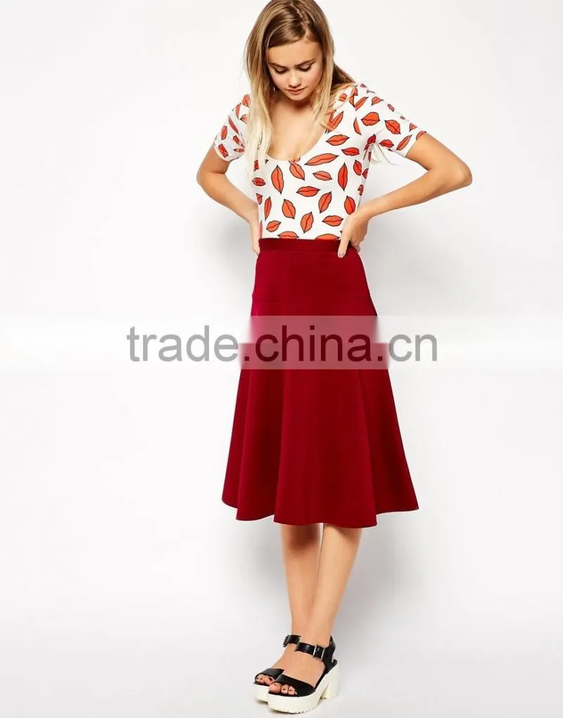 latest fashion new designed plain red longline midi skirt with peplum hem