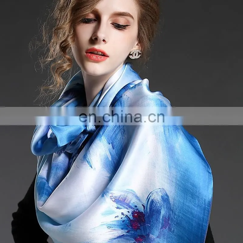 Blue silk square scarf for women 110*110