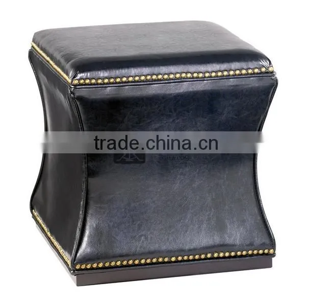 OT-089 Black Color Genuine Leather Stool With Bronze Studs