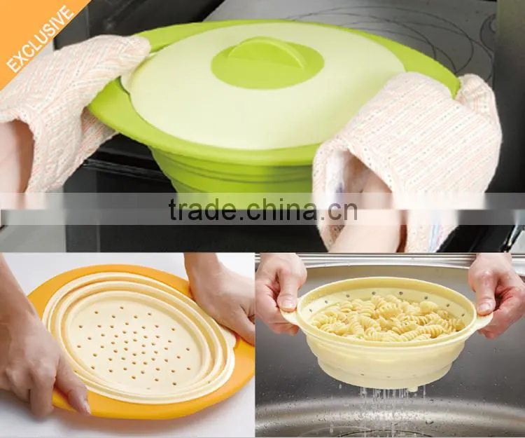 Collapsible Silicone steamer, set of 3, Combine with lid, colander, bowl, BPA FREE, FDA, LFGB, DGCCRF
