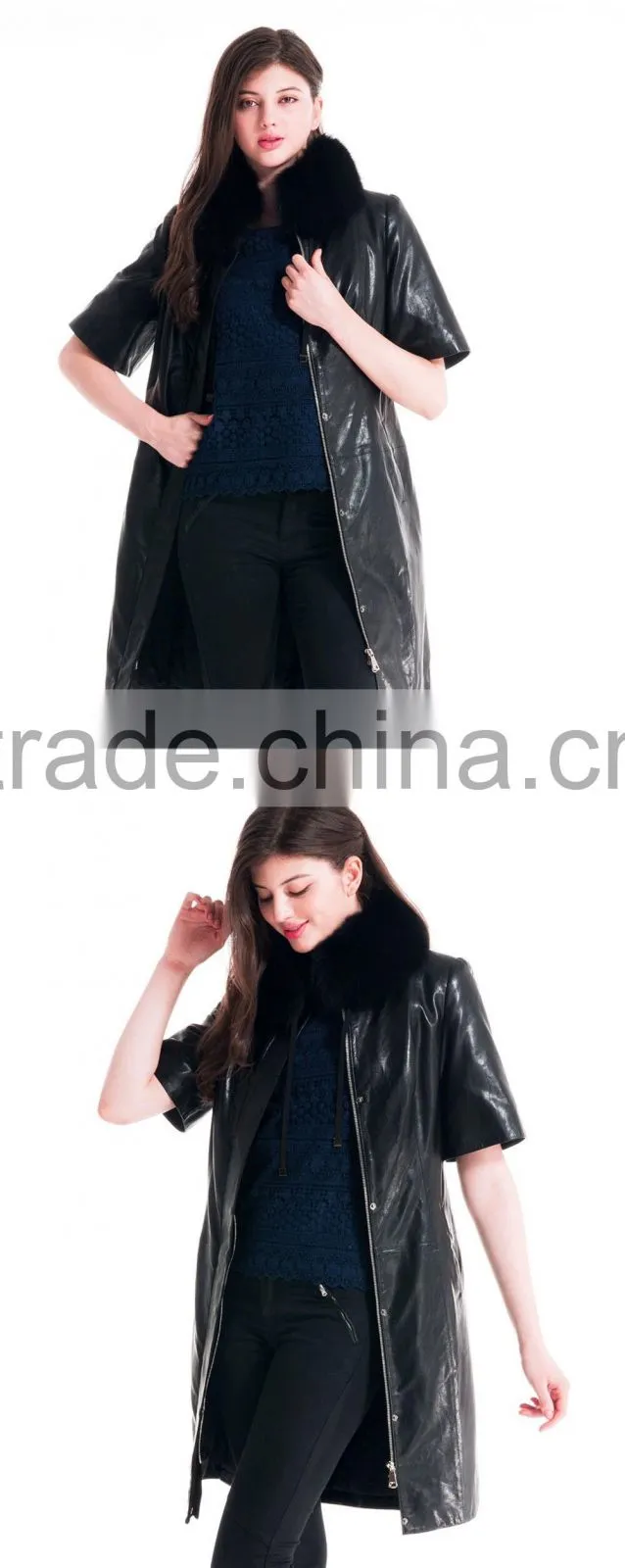 Winter Women Medium Length Slim Fit Leather Coat With Detachable Blue Fox Hat Overcoat