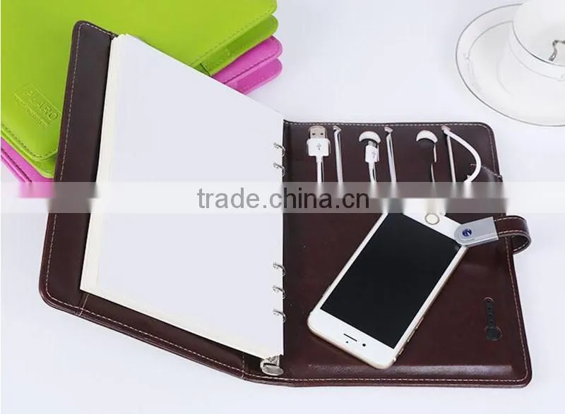Japan style leather cover ring binder A5 notebook with powerbank and U disk