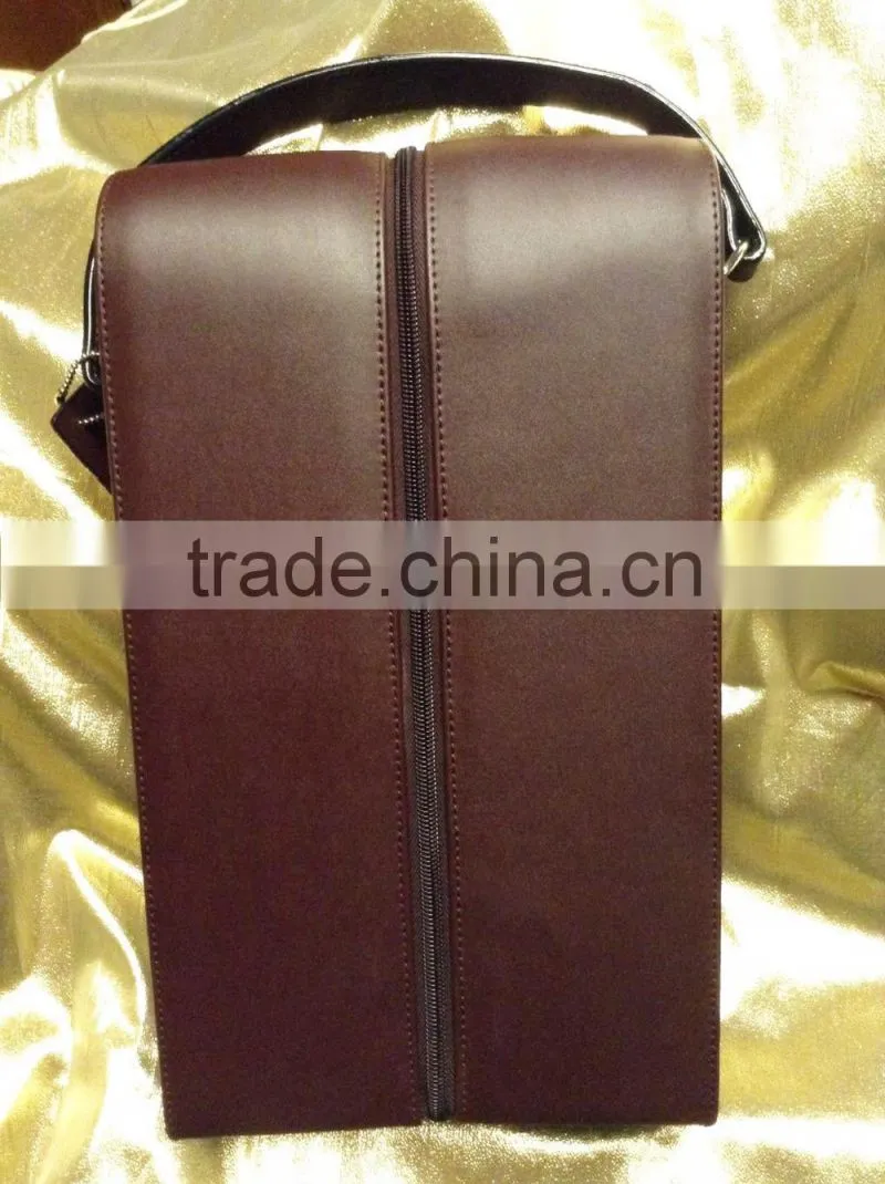 black leather padded red white dual wine 2 bottles leather wine carrier