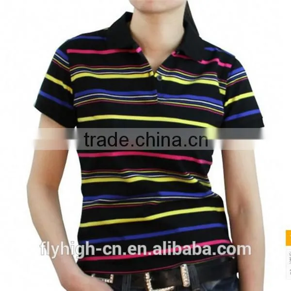 striped design women polo neck embroidered t shirts