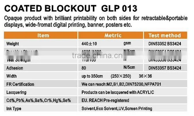 Coated blockout 440gsm (13oz) double sie printing flex bnner