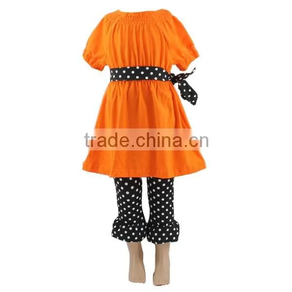 2016 baby outfit belt dress &polka dot ruffle pants set hot sale cotton fall toddler halloween kids clothing sets
