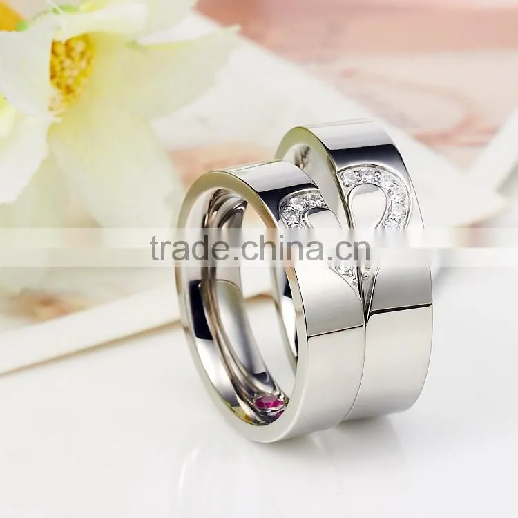 A pair Stainless Steel Couple Rings Ture Love Heart Wedding CZ Band Promise Love