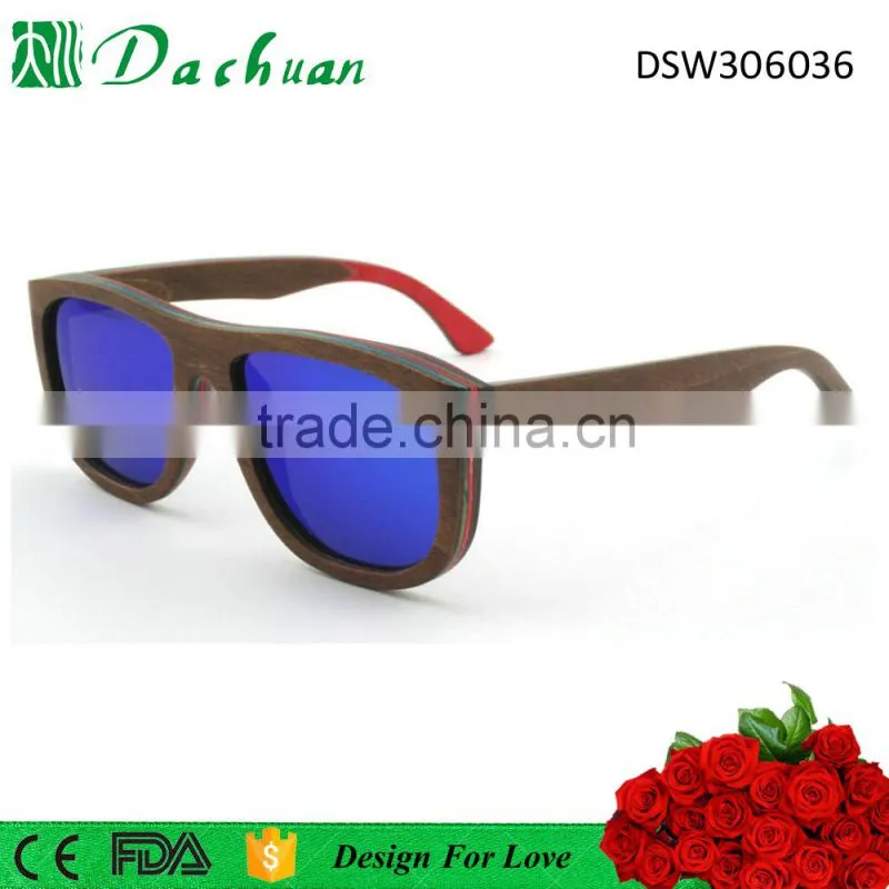 2016 good sale high quality 100% natural wood skateboard wood sunglasses with blue mirror coating