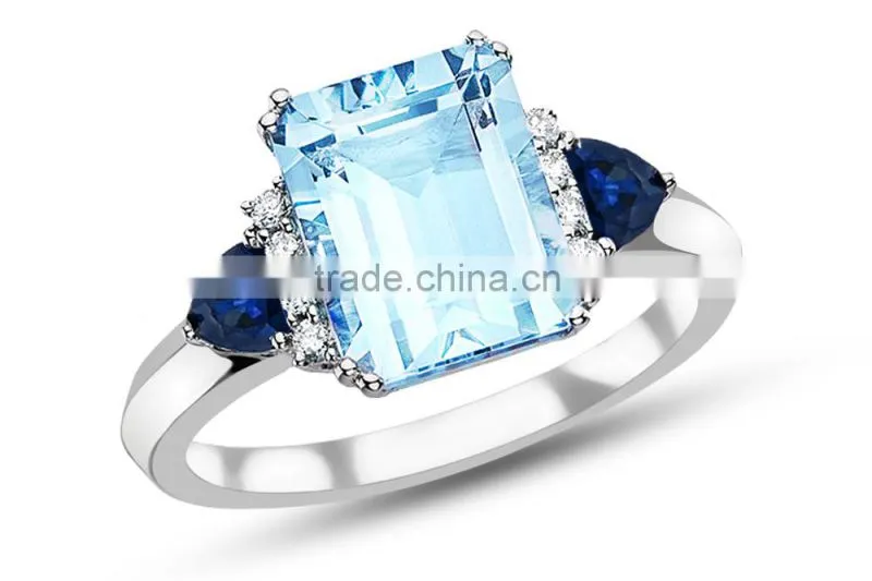925 Silver Blue Topaz Color CZ Princess Set Eternity Band Ring