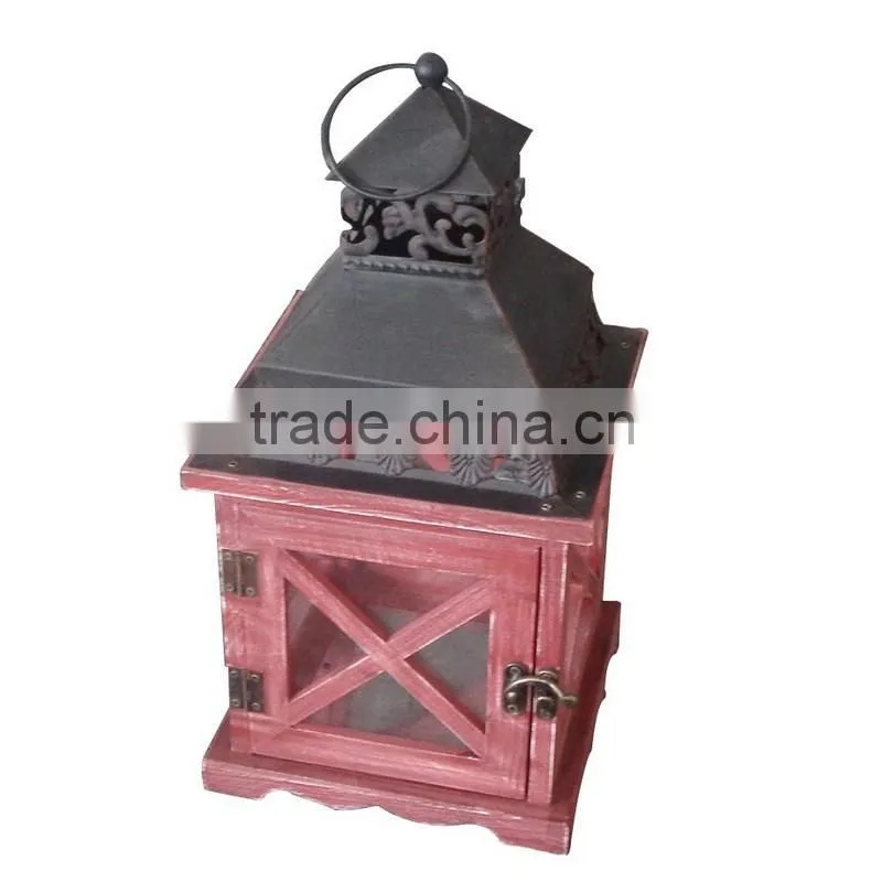 Red color wood lantern cross frame iron top