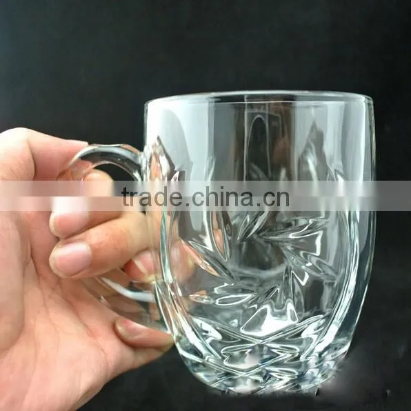 Embossed flower logo glass mug transparent glass mug cheap glass mug