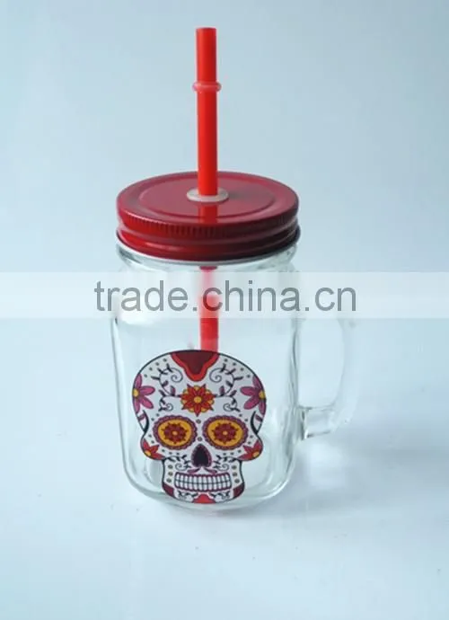 Wholesale Price skull head printing Glass Mason Jar With Handle