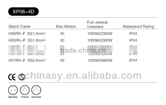 CE S retractable waterproof IP44 power cable reel