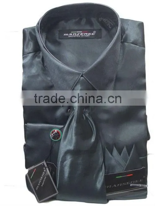 Men's black satin dress shirts tie&hanky man satin shirt