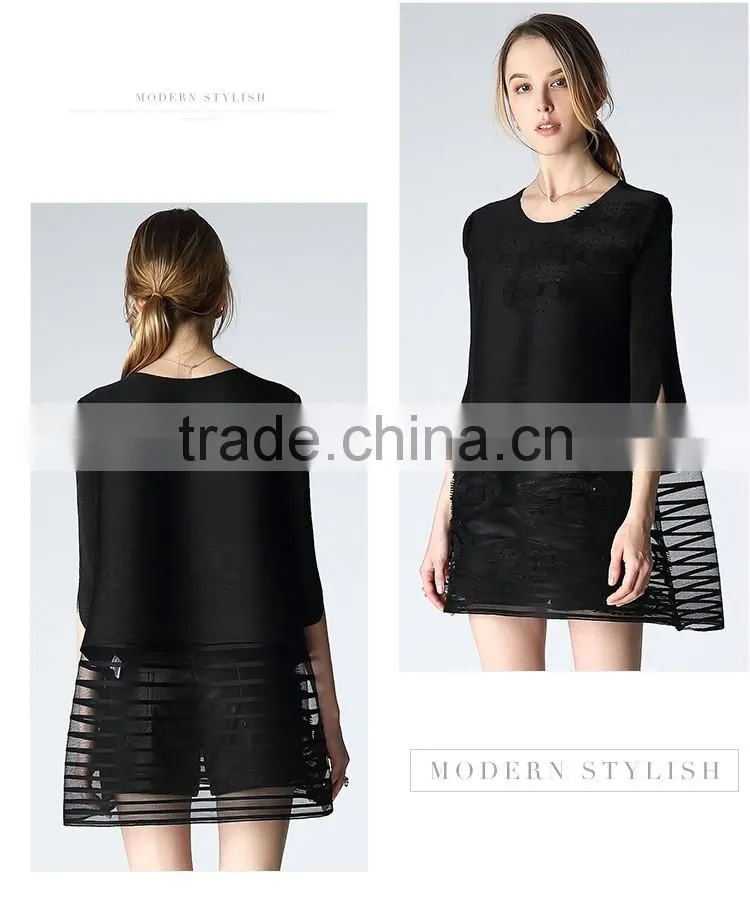 Woman pleat round neck flower splicing loose dresses wholesale