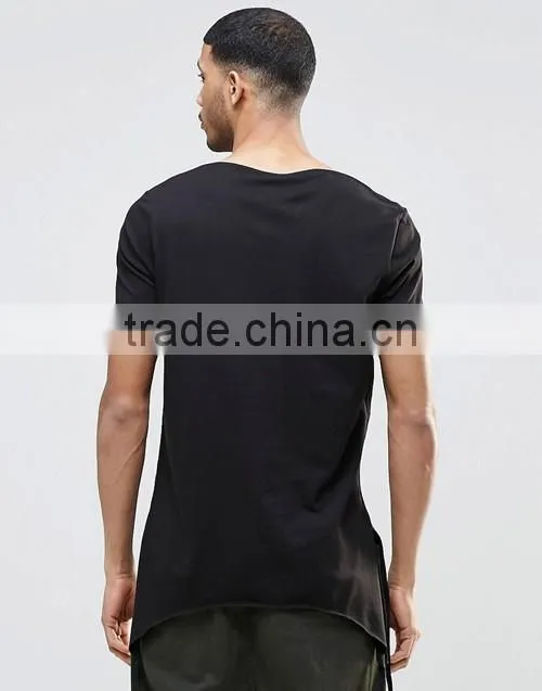 Hip hop style super longline curved hem 100% cotton breathable men black t-shirt wholesale