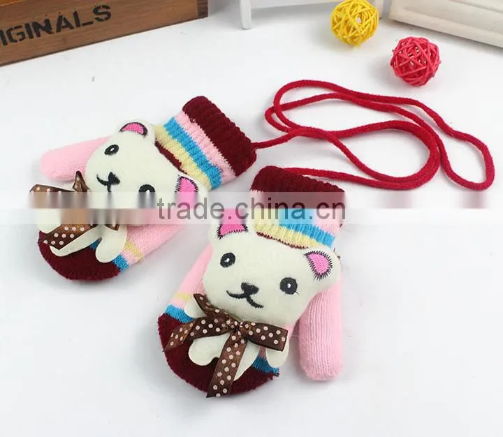 Winter baby children acrylic gloves boys and girls knitted warm cute hanging neck cartoon bear baby gloves