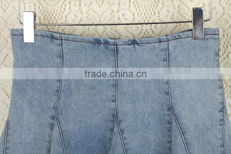 High waist short denim skirt women blue elasticity denim pleated mini skirt girls ball gown sexy girls in short denim skirt