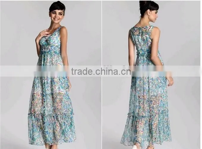 2015 Chiffon Fabric Floral Printed Latest Maxi Dress