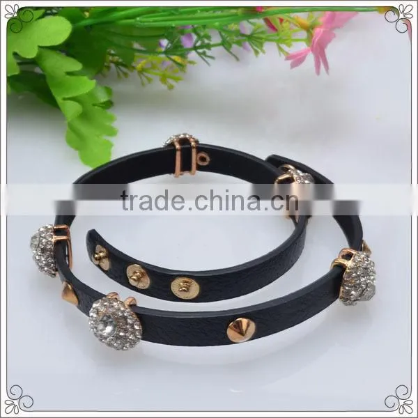 Black Slide Charms Pu Leather Bracelet With Crystal