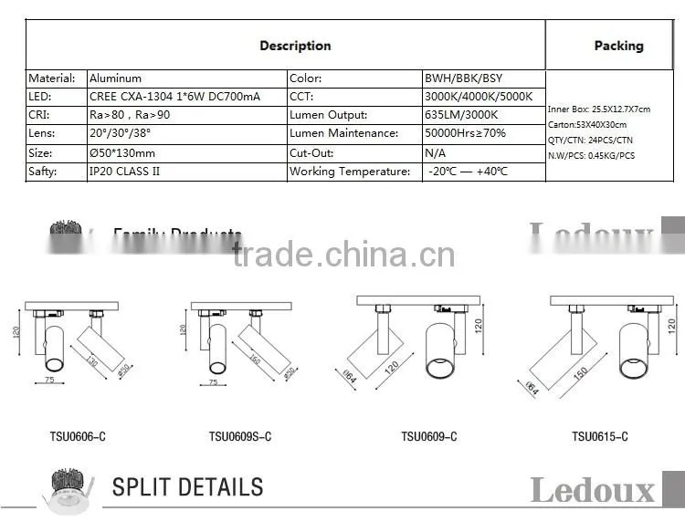 low small power dimmable led track light 6watt CE SAA