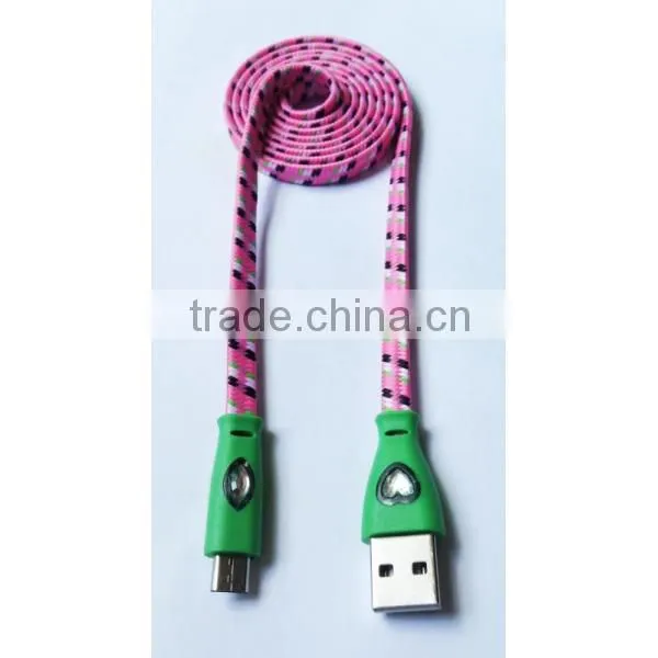 New Fashionable Colorful Flat Noodle Diamond LED Fabric Braided Micro USB Cable for Samsung HTC