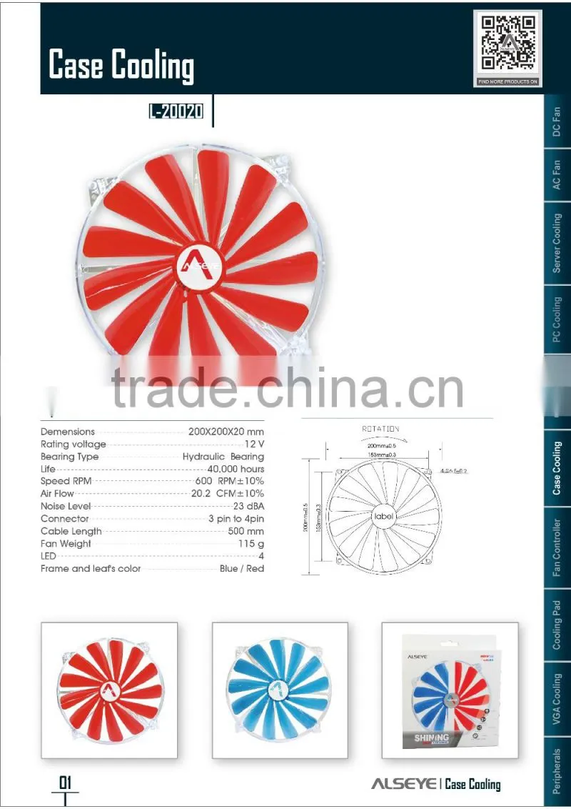 Alseye CA2801w manufacture L-20020 blue 200*200*20mm 3pin or 4 pin LED case cooling fan