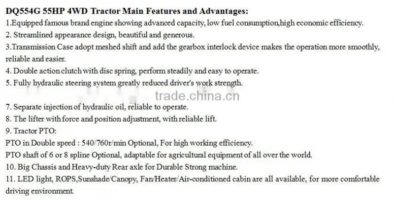 2016 Hot selling 55HP Air conditioning cabin farm tractor with ISO CE PVOC COC certificate