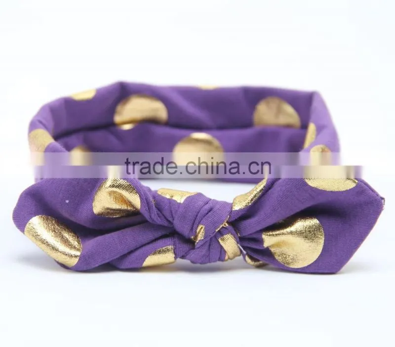 New arrival baby head band knot headband baby headwears / gold foil dot bunny ear head wraps hat