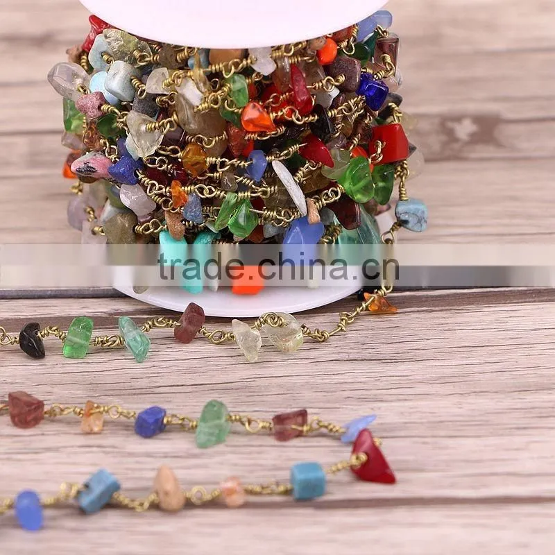 Natural Mix Stone Turquoise Coral Amethyst Rose Quartz Crystal Chip Beads Chain Rosary Chain Jewelry for Necklace