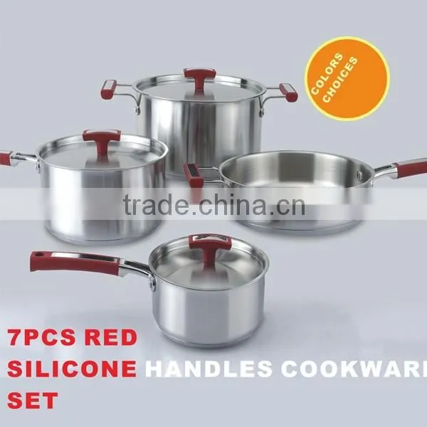 Vantage design 7PCS red silicon handle stainless steel kitchen queen cookware set,including 2pcs casserole, saucerole ,frypan