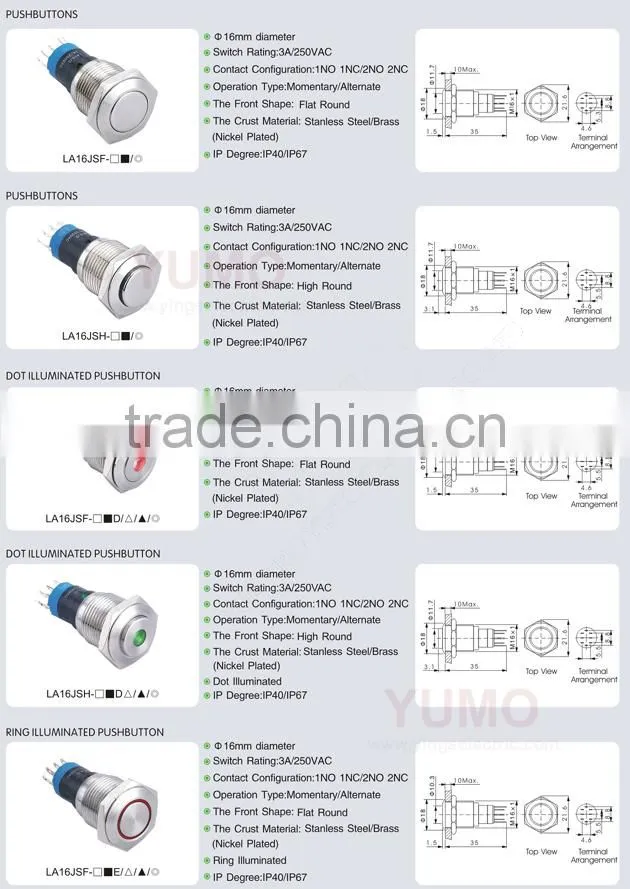 LA16JSF-11E-IP67-S ROHS 16mm flat round 1NO1NC momentary screw terminal 2A/36VDC push button membrane switch with 3m adhesive