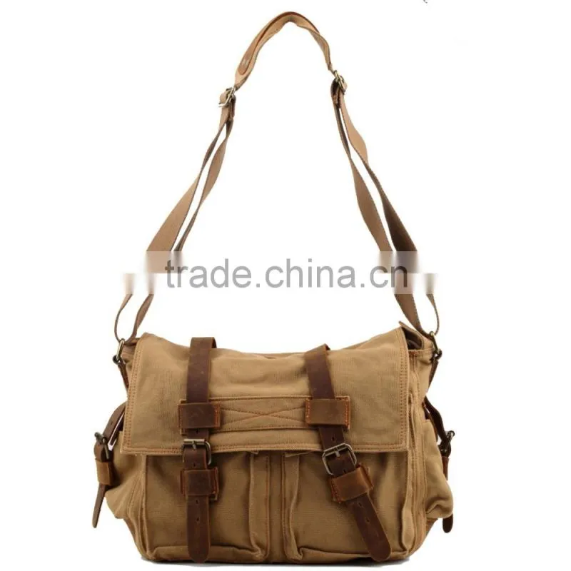 Men's Vintage Canvas Shoulder Bag Leather Satchel School Military Two Sided Shoulder Bag Messenger Bag