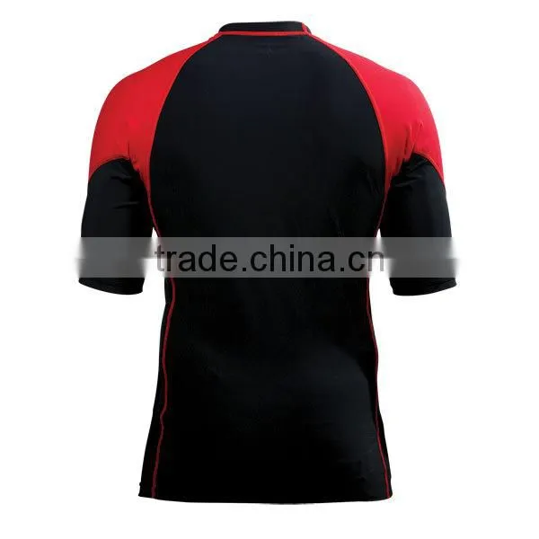 Short Sleeve MMA Grappling Rash Guard Red/Black Nylon/Lecra With Logo