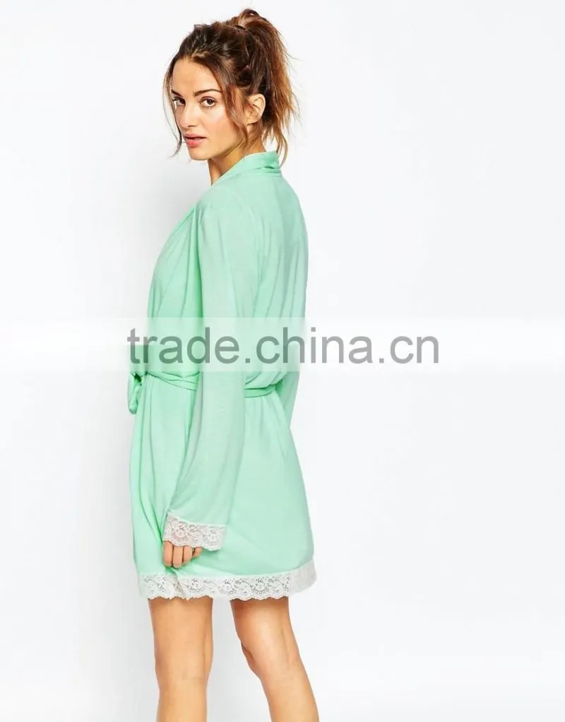 Soft touch jersey fabric open front lace trim bath robe for lady