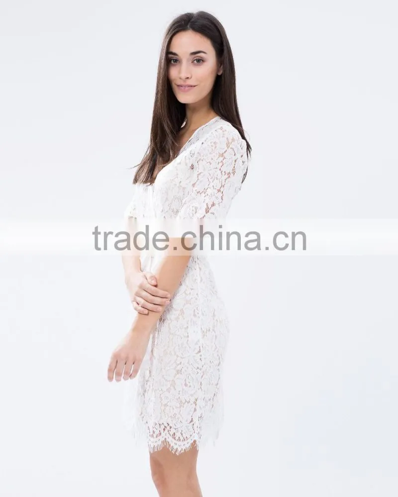 Regular fit adjustable straps wrap front lace robe fashion sleeping robe for women 2016