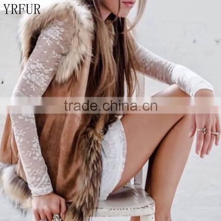 YR098 Pig Suede with Raccoon Fur Trimming Vest Fur and Leather Vest