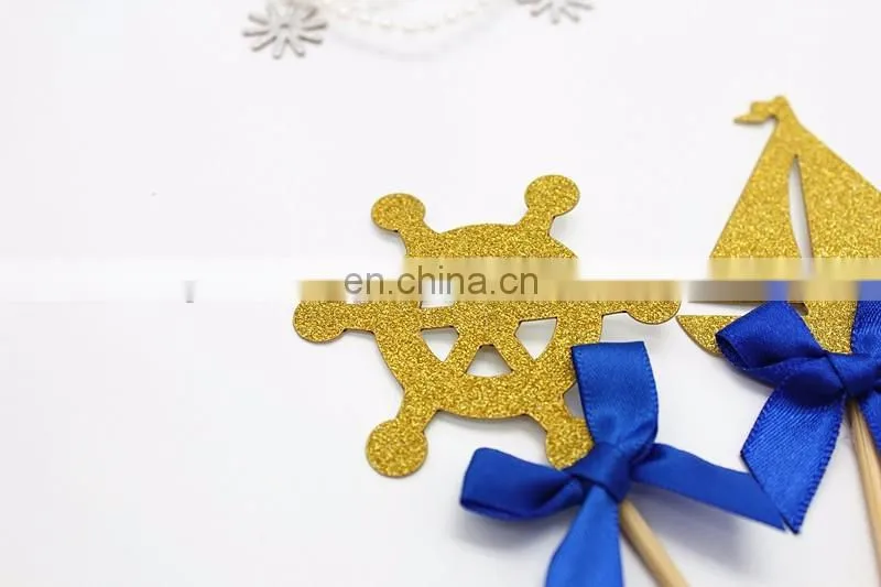 Sea Theme Gold Glitter Topper with Blue Bow Cake Decoration