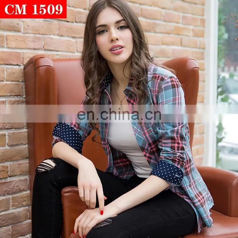 2017 latest design 100% cotton beautiful mixedcolor plaid t shirt blouse for young women