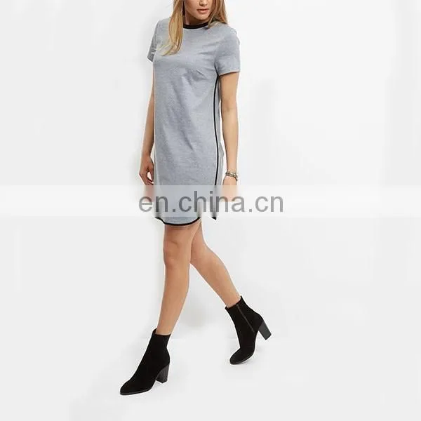 Latest Grey Contrast Trim T-Shirt Dress Short Sleeve Fashion Women Long T-shirt