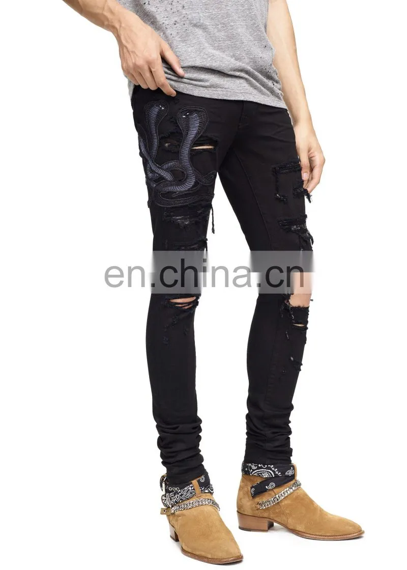 DiZNEW Guangzhou Factory Distressed Damage Embroidered Snakes Jeans Men