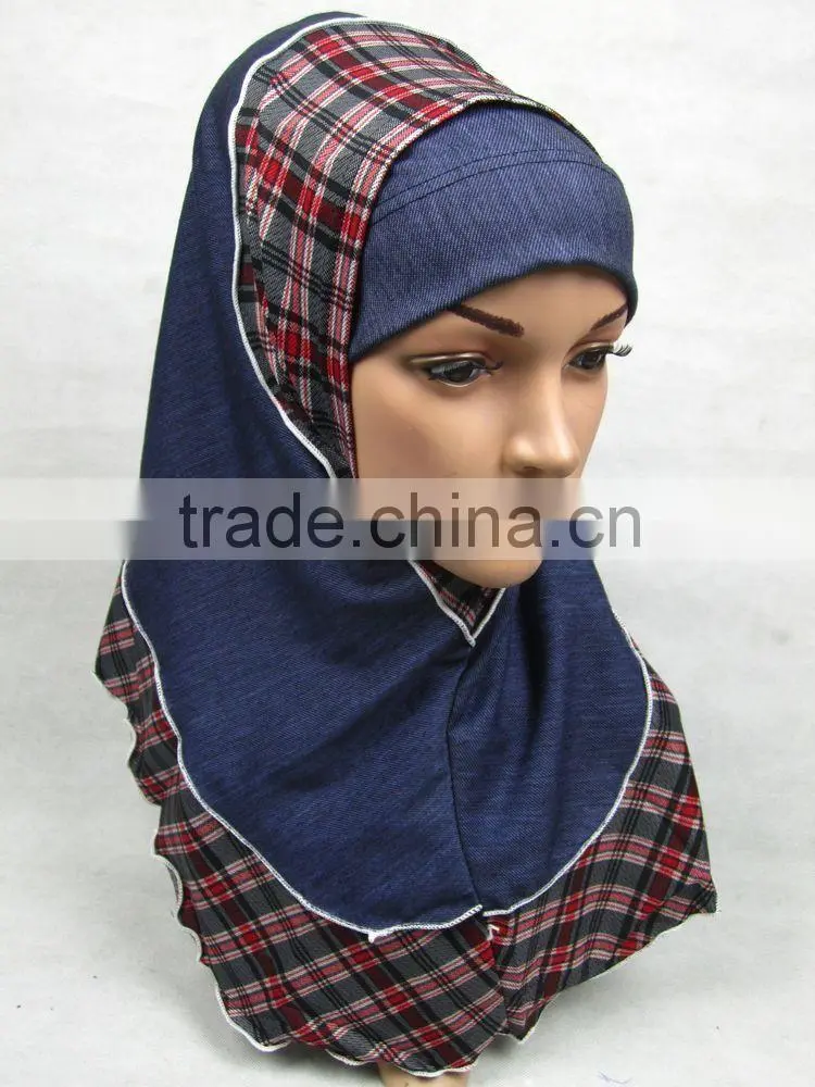PT001 new Elastic Denim spring islamic scarf 2pcs hejab Two pieces muslim hijab
