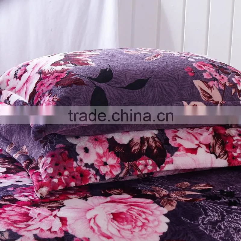 Wholesale alibaba China purple luxury European size duvet covers flower pattern flannel fleece bed cover sets