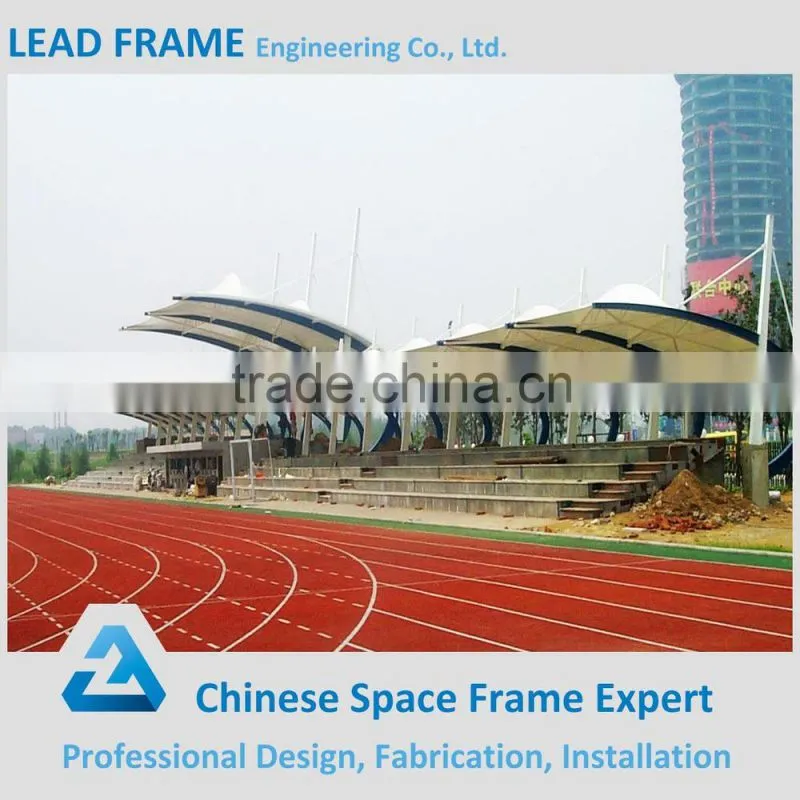 Membrane and steel space frame for outdoor bleacher structure roof
